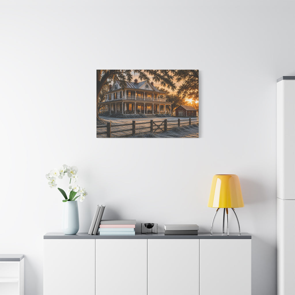 A First Frost canvas print of a frosted historic farmhouse at sunrise, displayed on a white wall above a console with a yellow lamp, books, and white flowers.