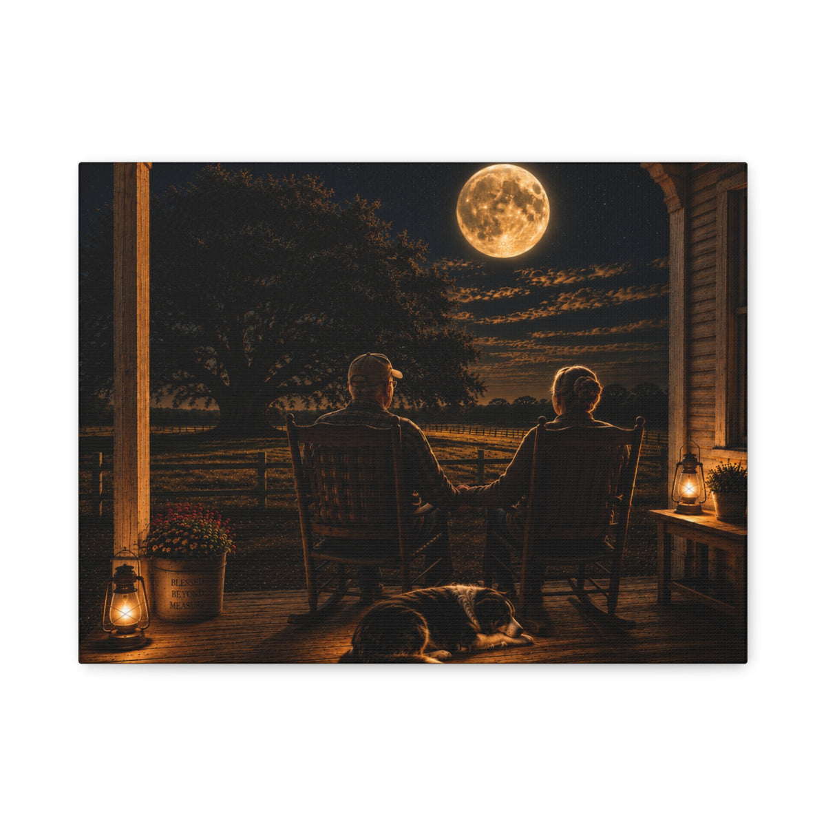 A rectangular Harvest Moon canvas print showing an older couple holding hands in rocking chairs on a farmhouse porch with a sleeping dog, glowing lanterns, and a full moon over the fields, photographed on a white background.