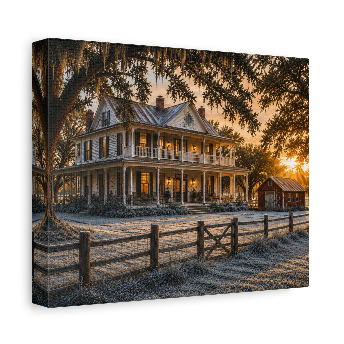 A square First Frost canvas print showing a historic Southern farmhouse with a wraparound porch, frost-covered yard, wooden fence, oak branches, and a small red barn in warm sunrise light, photographed at an angle on white.