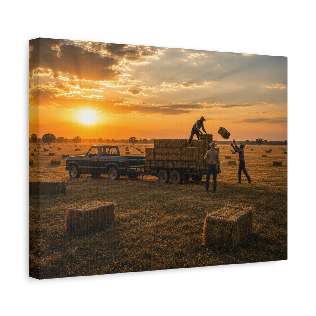 A rectangular Hay Season canvas print showing farmworkers loading rectangular hay bales onto a flatbed trailer beside a pickup truck in a golden field at sunset, photographed at an angle on a white background.