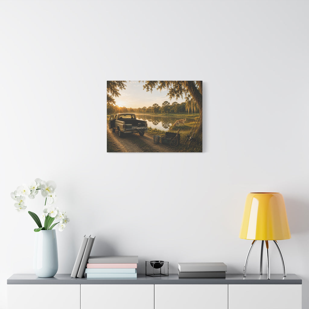 A The Old Fishing Hole canvas print showing a vintage pickup parked beside a quiet pond at sunset, with a dog, fishing rods, tackle, a cooler, and a moss-draped tree, displayed on a white wall above a console with a yellow lamp, books, and white flowers.