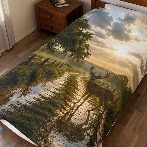 After the Rain blanket draped over a bed beside a wooden nightstand, featuring a buck on a puddled country lane, wildflowers, wooden fences, and an oak tree beneath sunlit clouds.