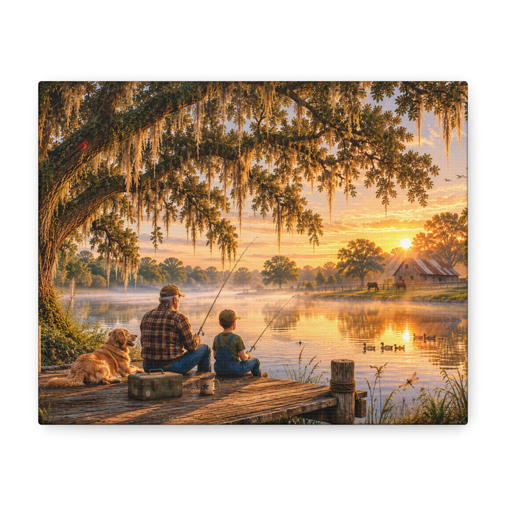 Grandpa and Me canvas print depicting a grandfather and child fishing from a wooden dock with a golden retriever beneath a moss-draped oak at sunset, with ducks on the pond and a barn in the distance.