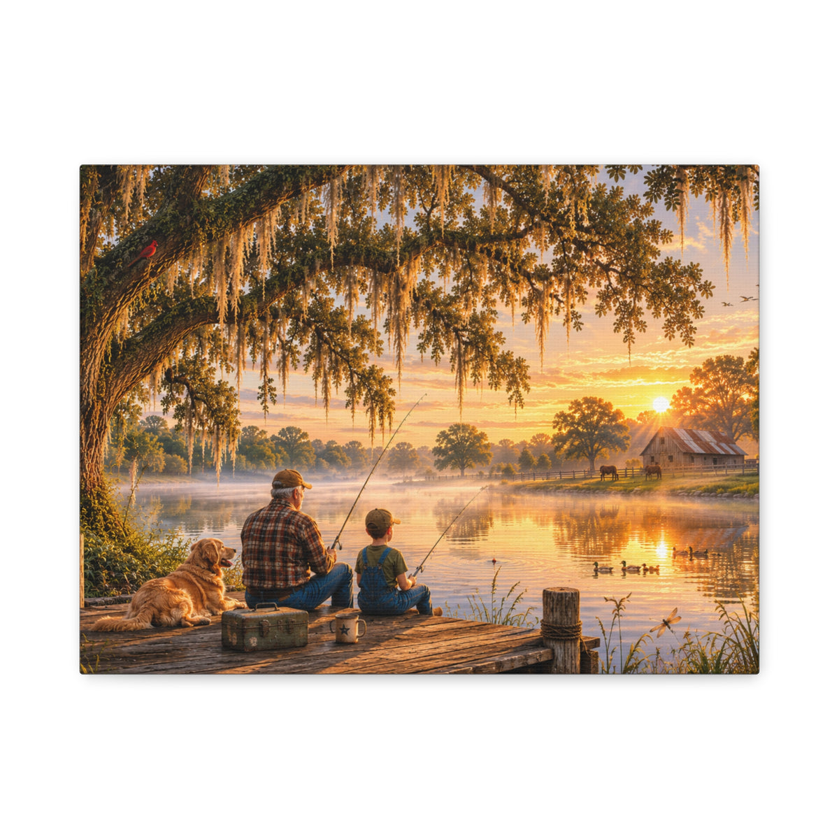 Grandpa and Me canvas print depicting a grandfather and child fishing from a wooden dock with a golden retriever beneath a moss-draped oak at sunset, with ducks on the pond and a barn in the distance.