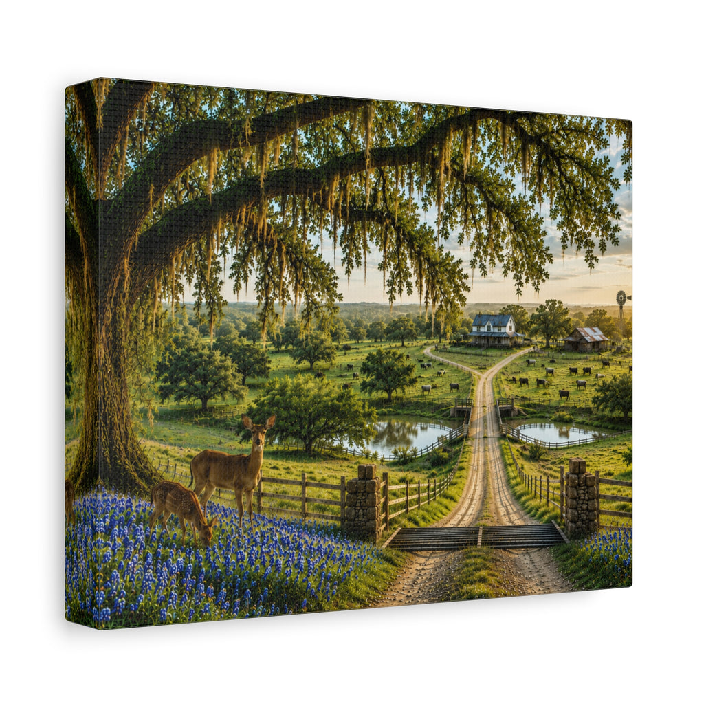 A rectangular canvas wall art print showing a pastoral rural landscape with a large mossy tree, blue flowers, deer, a dirt road, ponds, and small buildings in the distance, photographed against a plain white background.