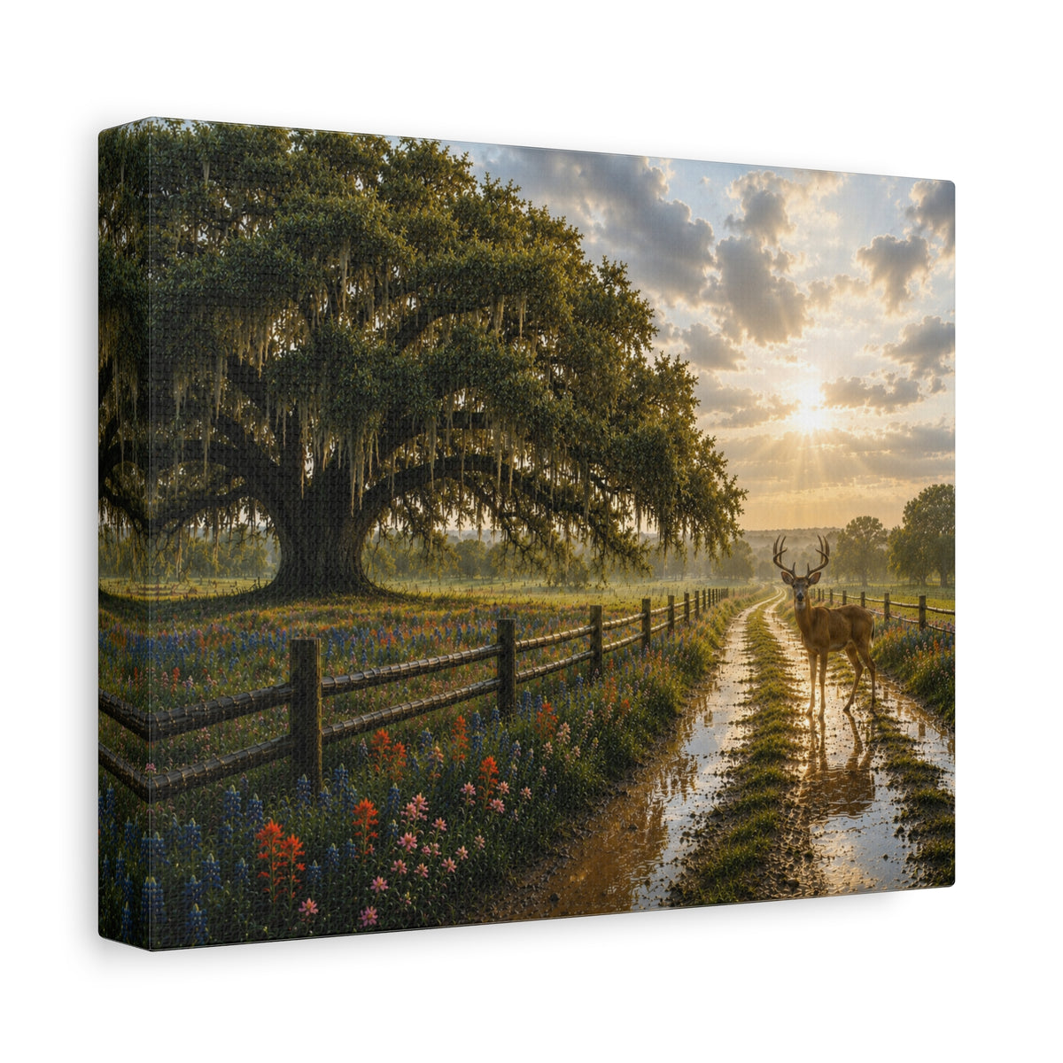 A square canvas wall art print showing a rural landscape at sunset: a large mossy tree, a fence, wildflowers, a muddy path, and a deer standing in the water. The canvas is photographed at an angle against a plain white background.