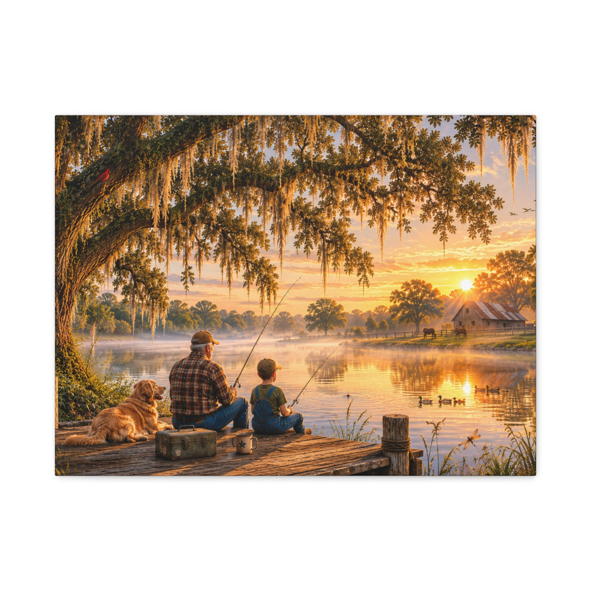 Grandpa and Me canvas print depicting a grandfather and child fishing from a wooden dock with a golden retriever beneath a moss-draped oak at sunset, with ducks on the pond and a barn in the distance.