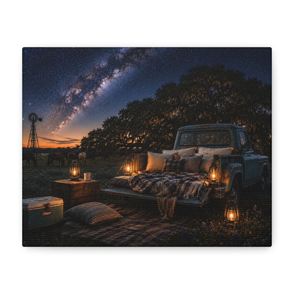 A rectangular Starry Night canvas print showing a cozy outdoor bed beside a vintage pickup in a country field, with lanterns, pillows, blankets, windmills, and the Milky Way overhead, photographed at an angle on a white background.