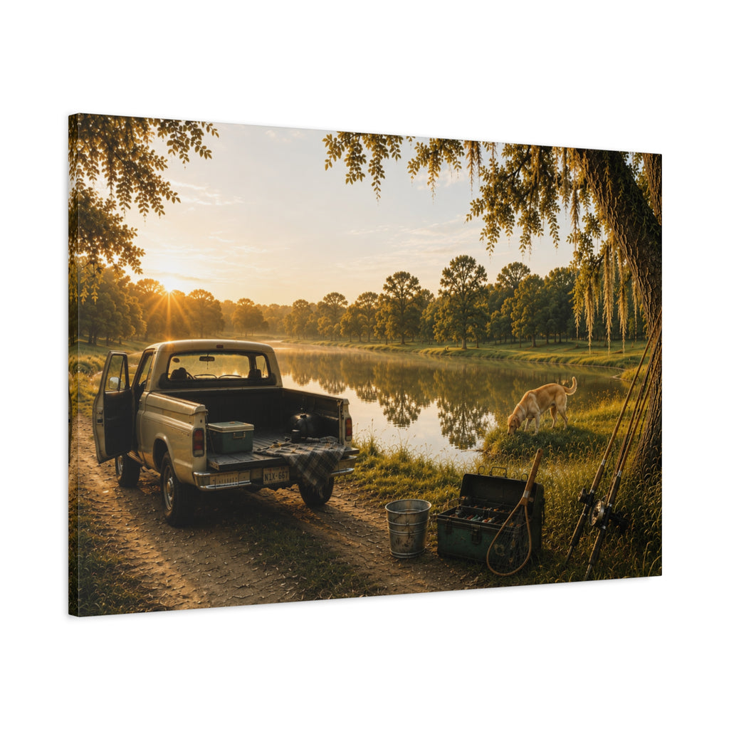 A rectangular The Old Fishing Hole canvas print showing a vintage pickup parked beside a quiet pond at sunset, with a dog, fishing rods, tackle, a cooler, and a moss-draped tree, photographed at an angle on a white background.