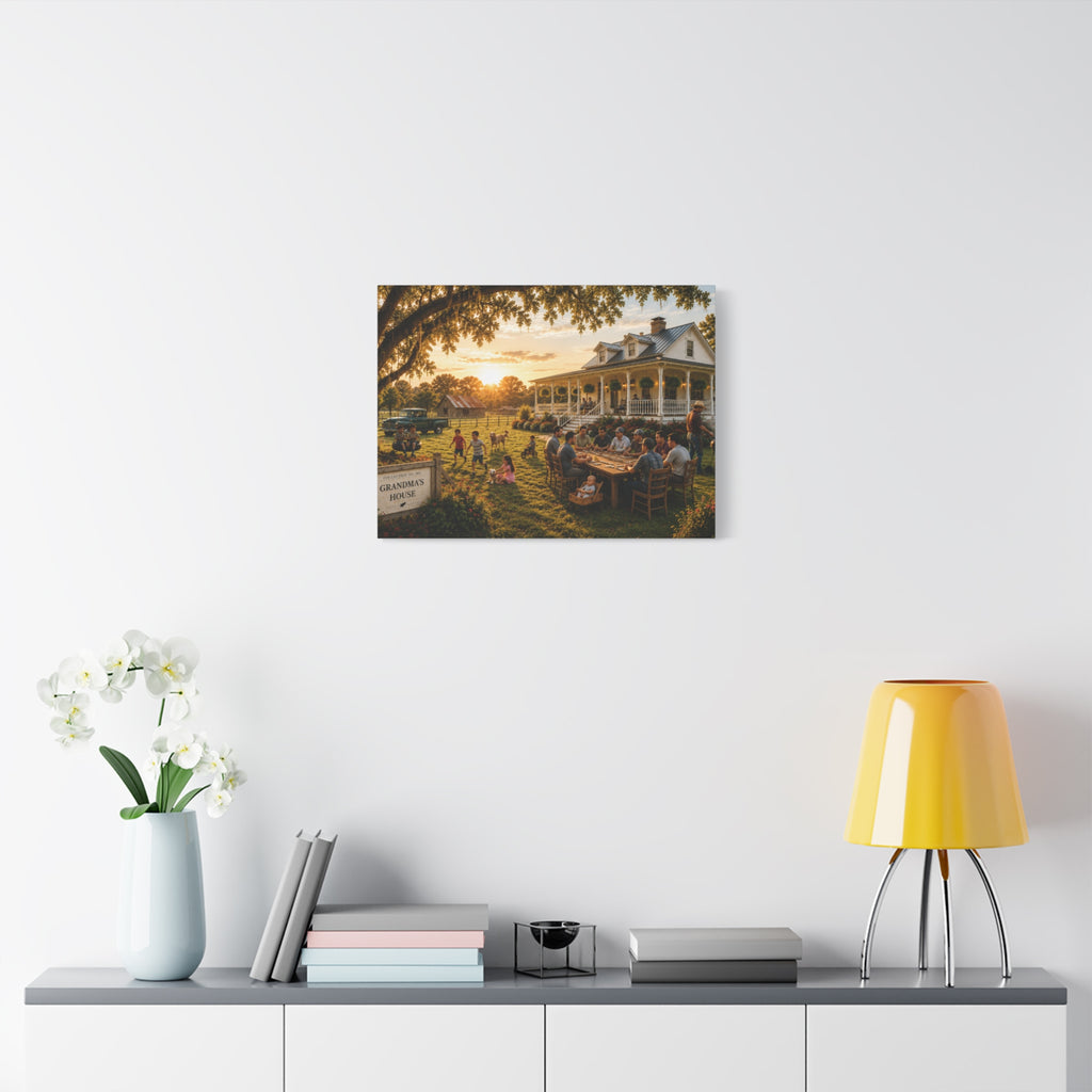 A rectangular Grandma's House canvas print showing relatives dining and children playing outside a white farmhouse at sunset, with trees and a Grandma's House sign, photographed at an angle on white.
