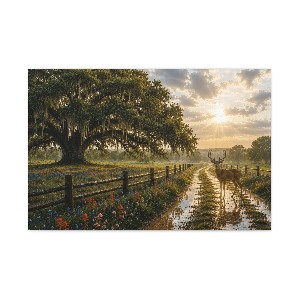 A rectangular landscape art print showing a sunlit country road with a deer standing in a muddy puddle, a large mossy oak tree on the left, a wooden fence, and wildflowers in the foreground, presented on a white background.