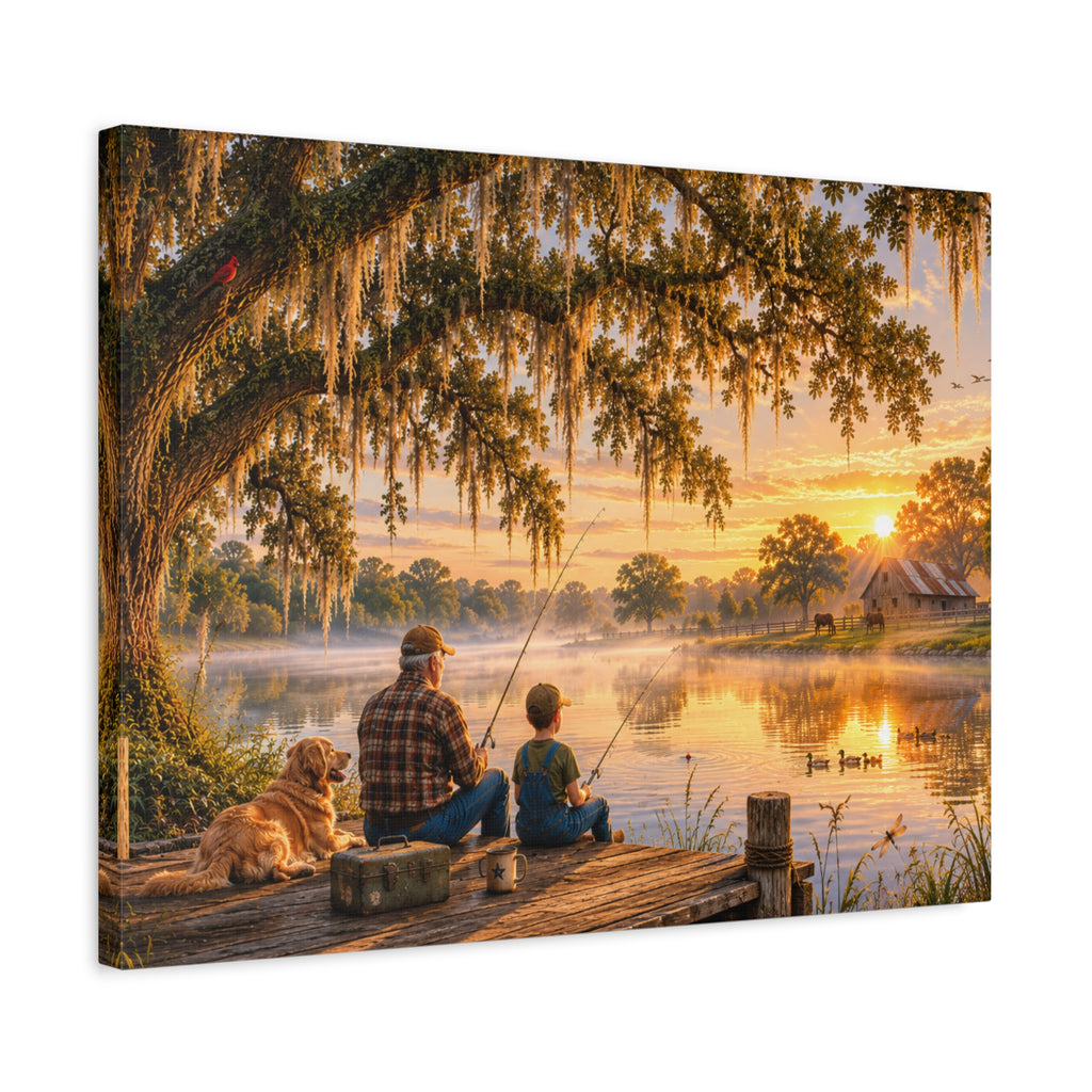 Grandpa and Me canvas print depicting a grandfather and child fishing from a wooden dock with a golden retriever beneath a moss-draped oak at sunset, with ducks on the pond and a barn in the distance.