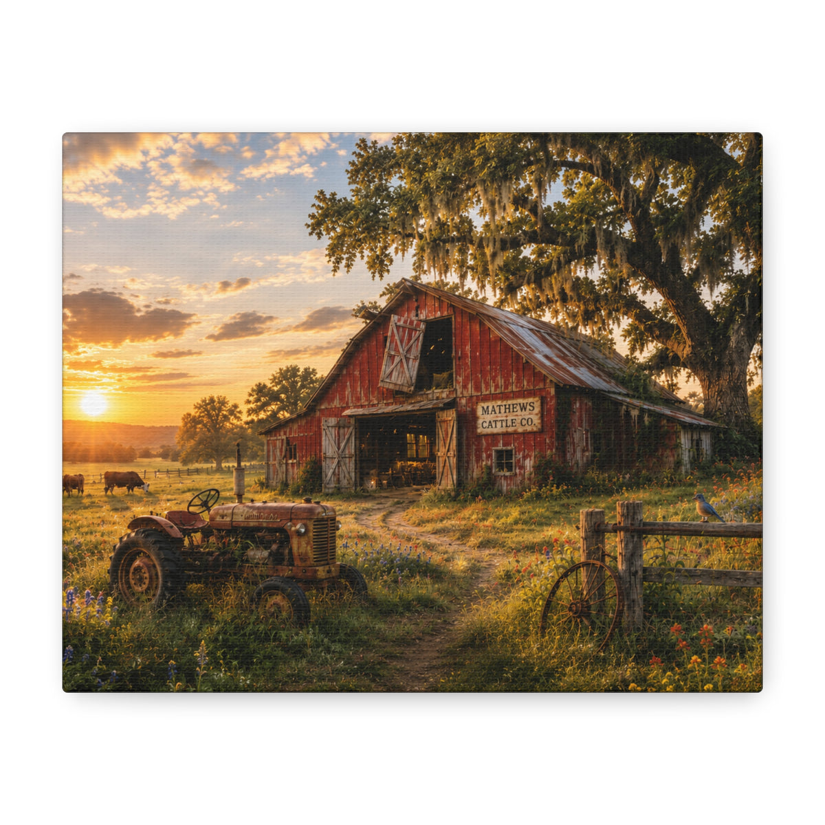The Old Red Barn canvas print depicting a weathered red cattle barn beneath a moss-draped oak at sunset, with a vintage tractor, grazing cows, a wooden fence, and wildflowers in the foreground.
