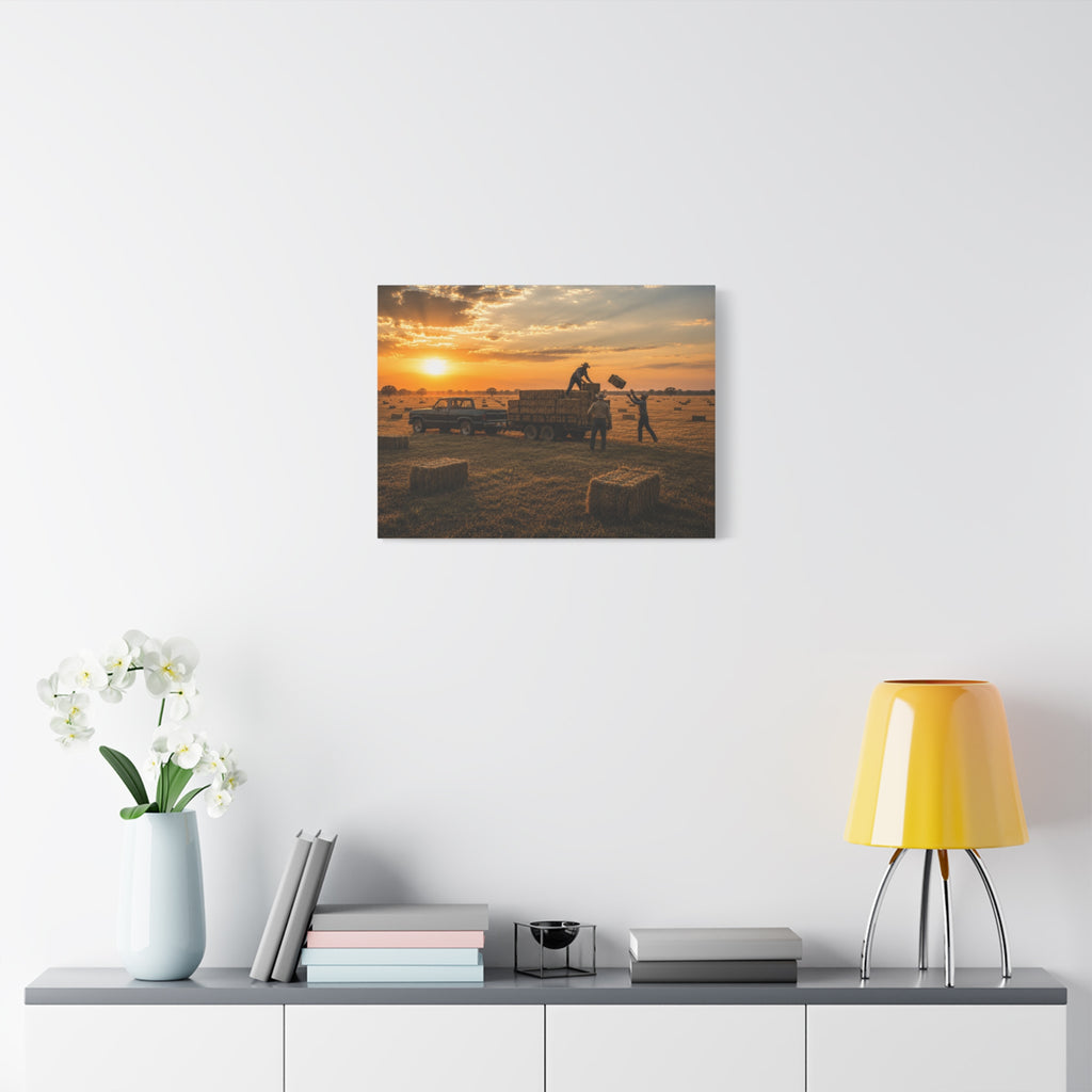 A Hay Season canvas print showing farmworkers loading rectangular hay bales onto a flatbed trailer beside a pickup truck in a golden field at sunset, displayed on a white wall above a console with a yellow lamp, books, and white flowers.