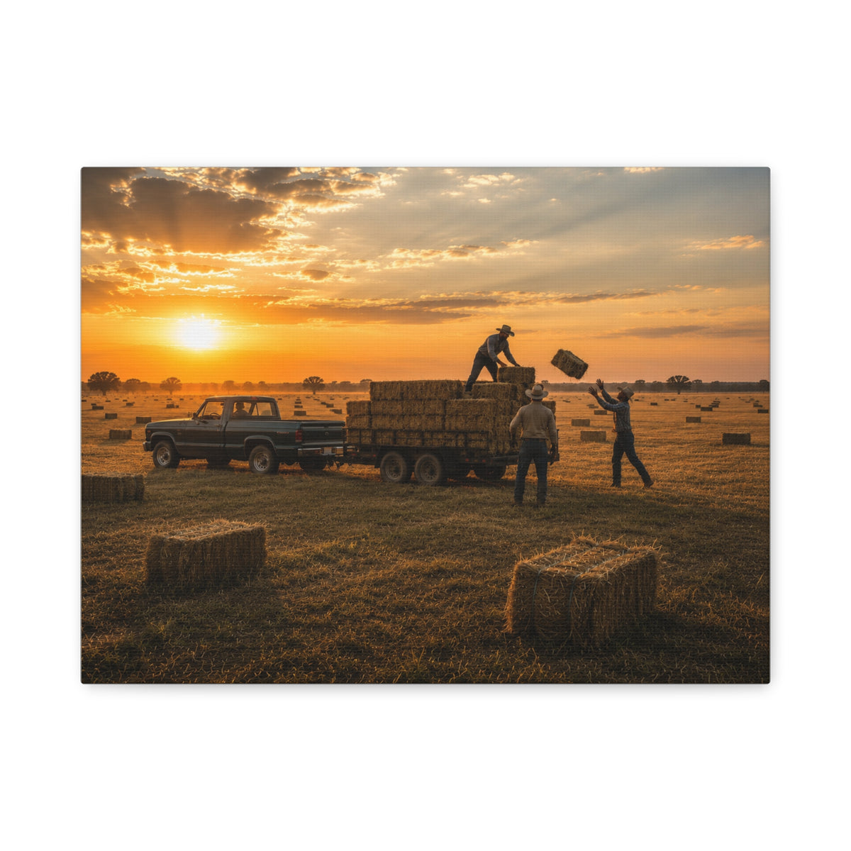 A rectangular Hay Season canvas print showing farmworkers loading rectangular hay bales onto a flatbed trailer beside a pickup truck in a golden field at sunset, photographed on a white background.