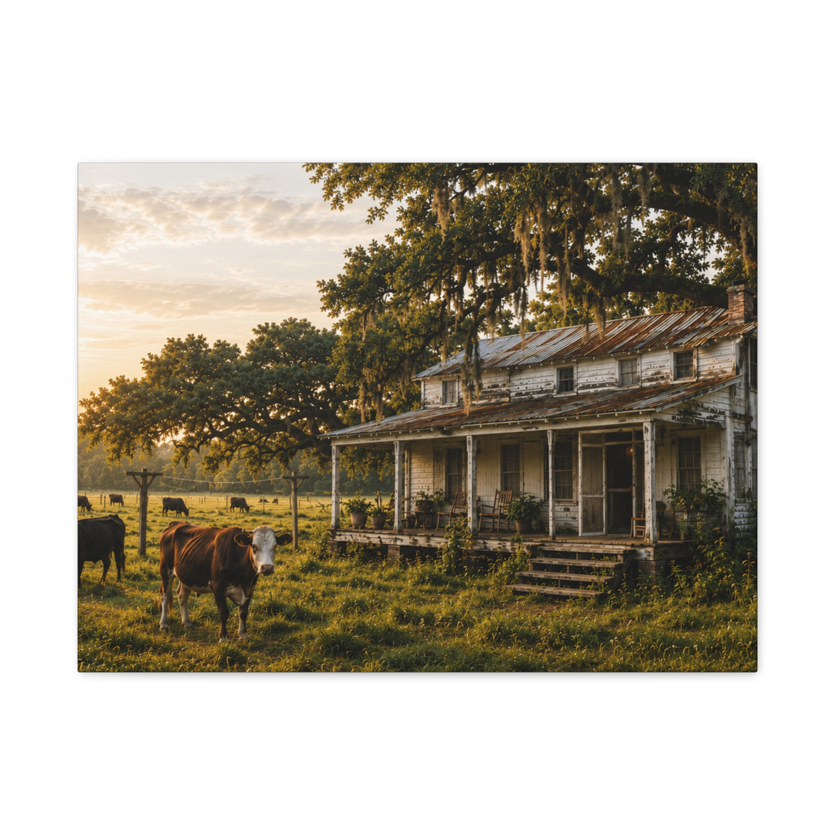A rectangular The Good Old Homestead canvas print showing a weathered two-story farmhouse with a front porch in a grassy pasture, with a cow in the foreground, cattle, moss-draped oak trees, and warm sunset light, photographed on a white background.
