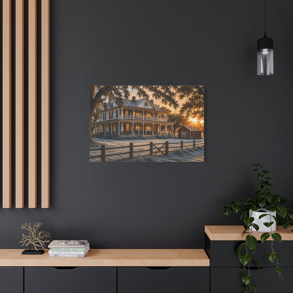 A rectangular First Frost canvas print of a historic farmhouse, frosted yard, fence, and warm sunrise light, displayed on a dark charcoal wall above a light wood console with books and a plant.