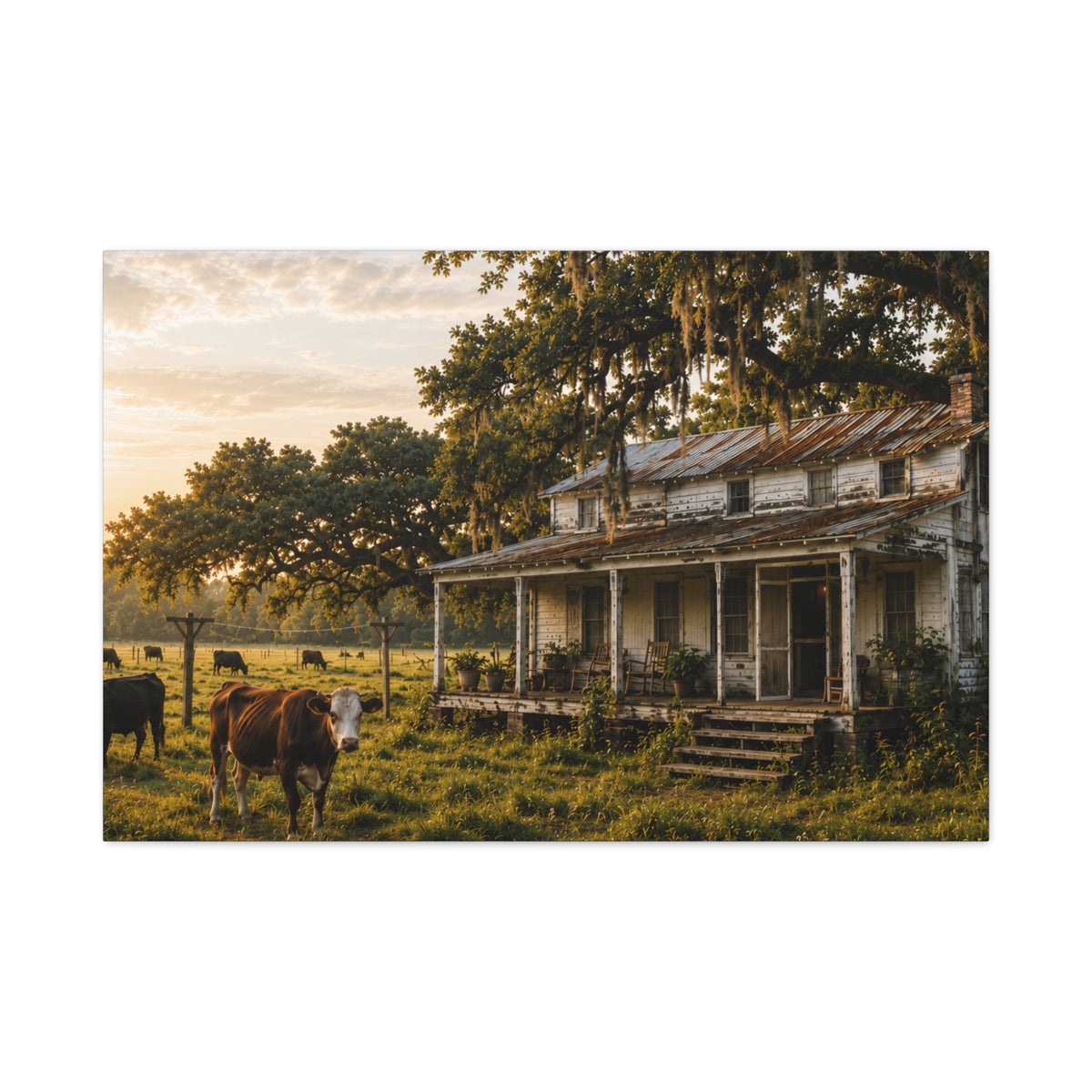 A rectangular The Good Old Homestead wall art print showing a weathered two-story farmhouse with a front porch in a grassy pasture, with a cow in the foreground, cattle, moss-draped oak trees, and warm sunset light, centered on a light gray background.