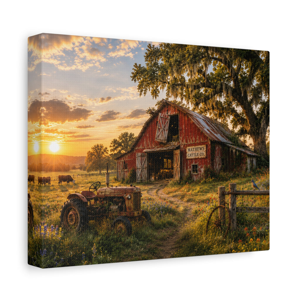 The Old Red Barn canvas print depicting a weathered red cattle barn beneath a moss-draped oak at sunset, with a vintage tractor, grazing cows, a wooden fence, and wildflowers in the foreground.