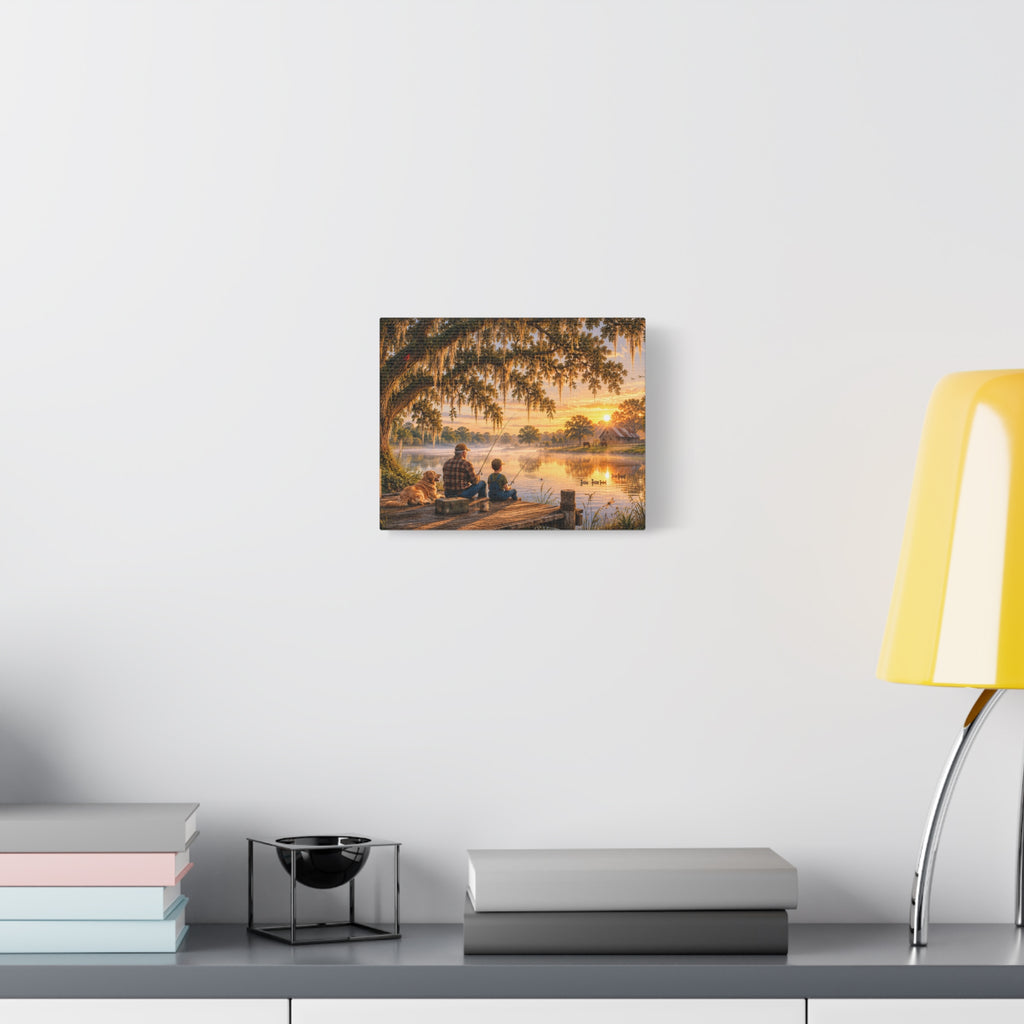 Grandpa and Me canvas print depicting a grandfather and child fishing from a wooden dock with a golden retriever beneath a moss-draped oak at sunset, with ducks on the pond and a barn in the distance.