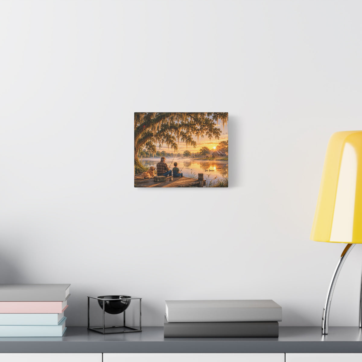 Grandpa and Me canvas print depicting a grandfather and child fishing from a wooden dock with a golden retriever beneath a moss-draped oak at sunset, with ducks on the pond and a barn in the distance.