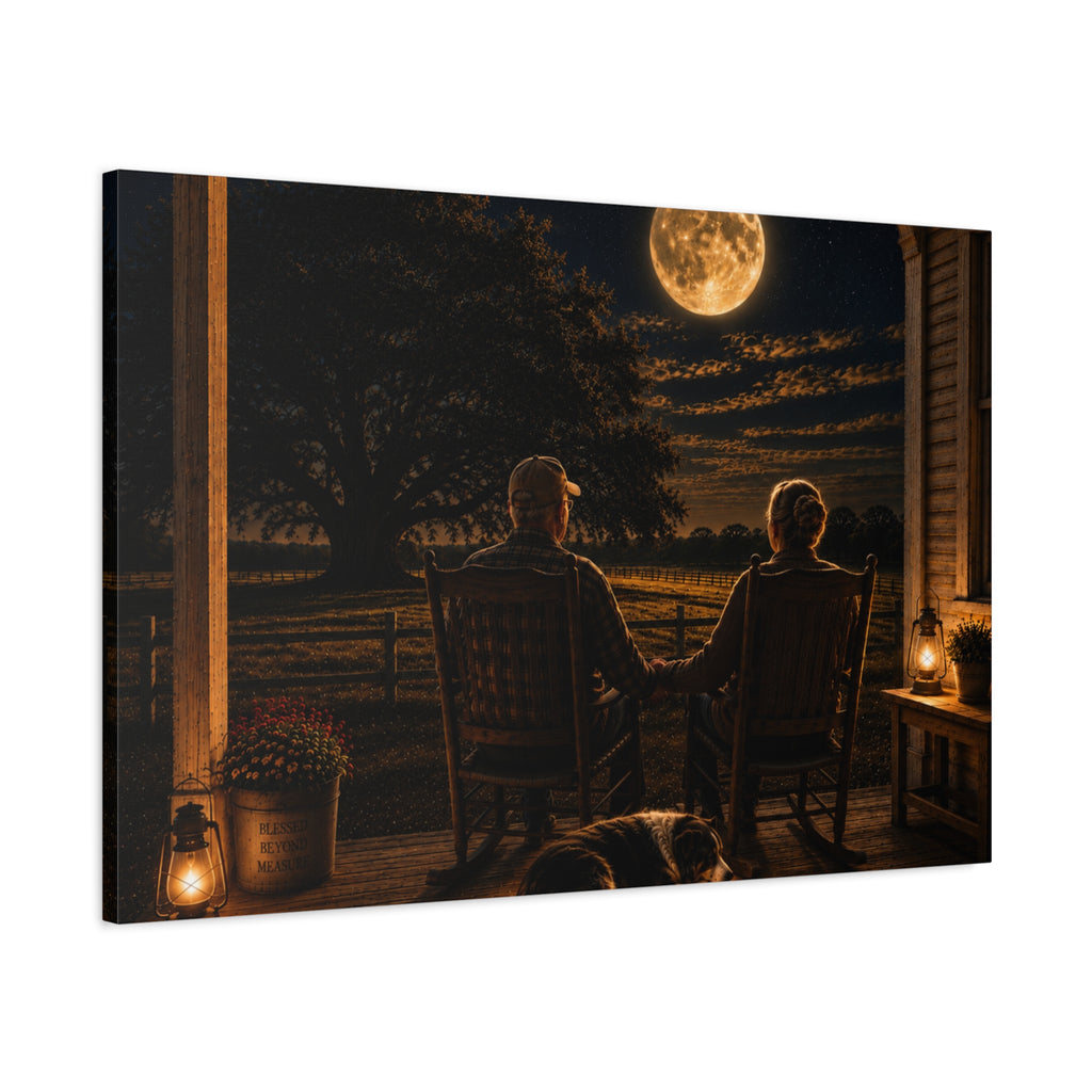 A rectangular Harvest Moon canvas print showing an older couple holding hands in rocking chairs on a farmhouse porch with a sleeping dog, glowing lanterns, and a full moon over the fields, photographed at an angle on a white background.