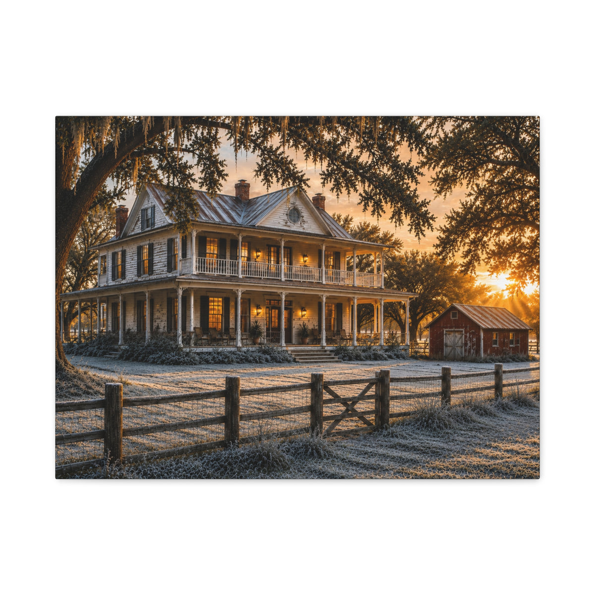 A rectangular First Frost canvas print depicting a historic Southern farmhouse, frosted ground, a wooden fence, and oak branches in warm sunrise light, photographed on a white background.