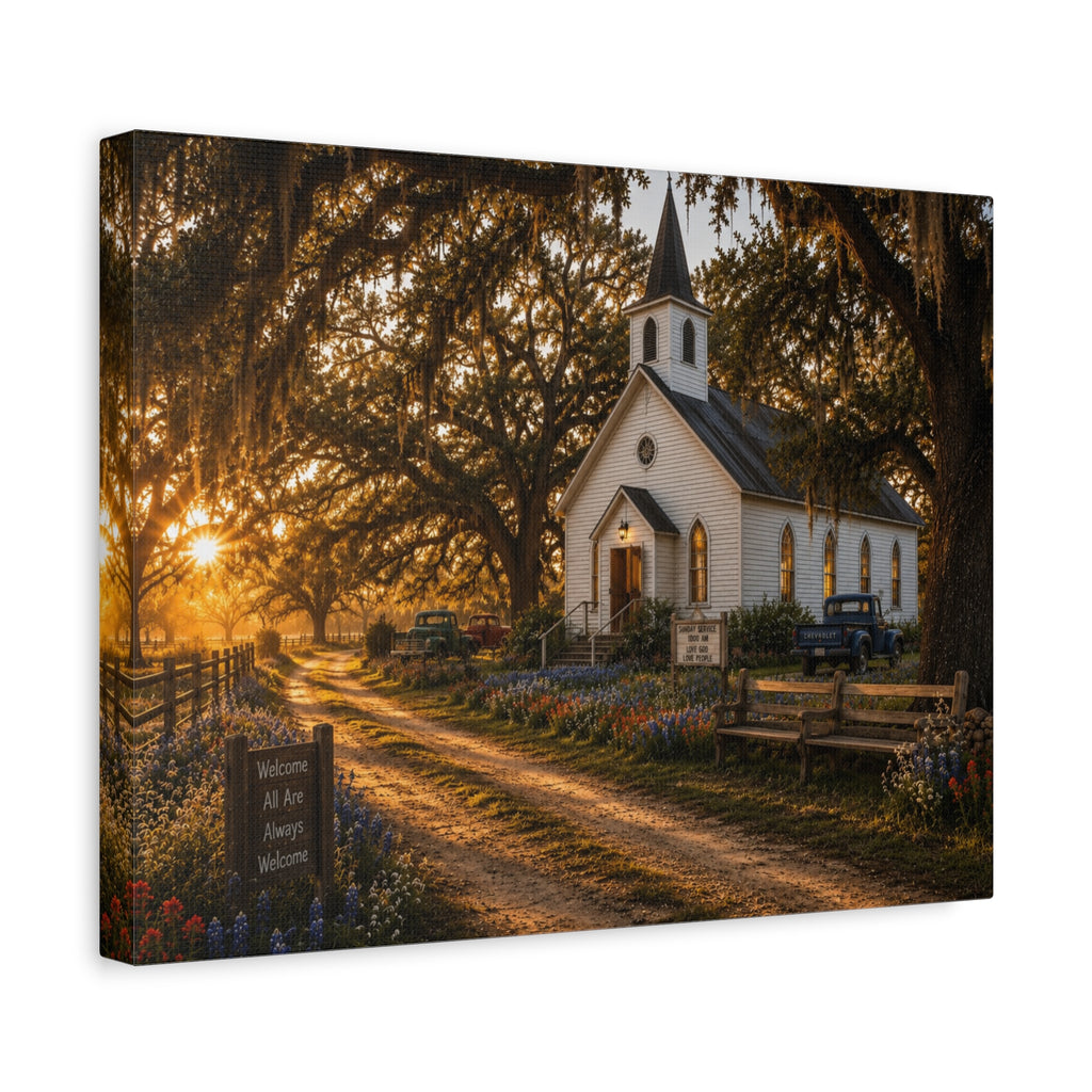 A rectangular The Country Church canvas print showing a small white country church with a steeple beside a dirt path, framed by moss-draped oak trees, rustic benches, wildflowers, and warm sunset light, photographed at an angle on a white background.