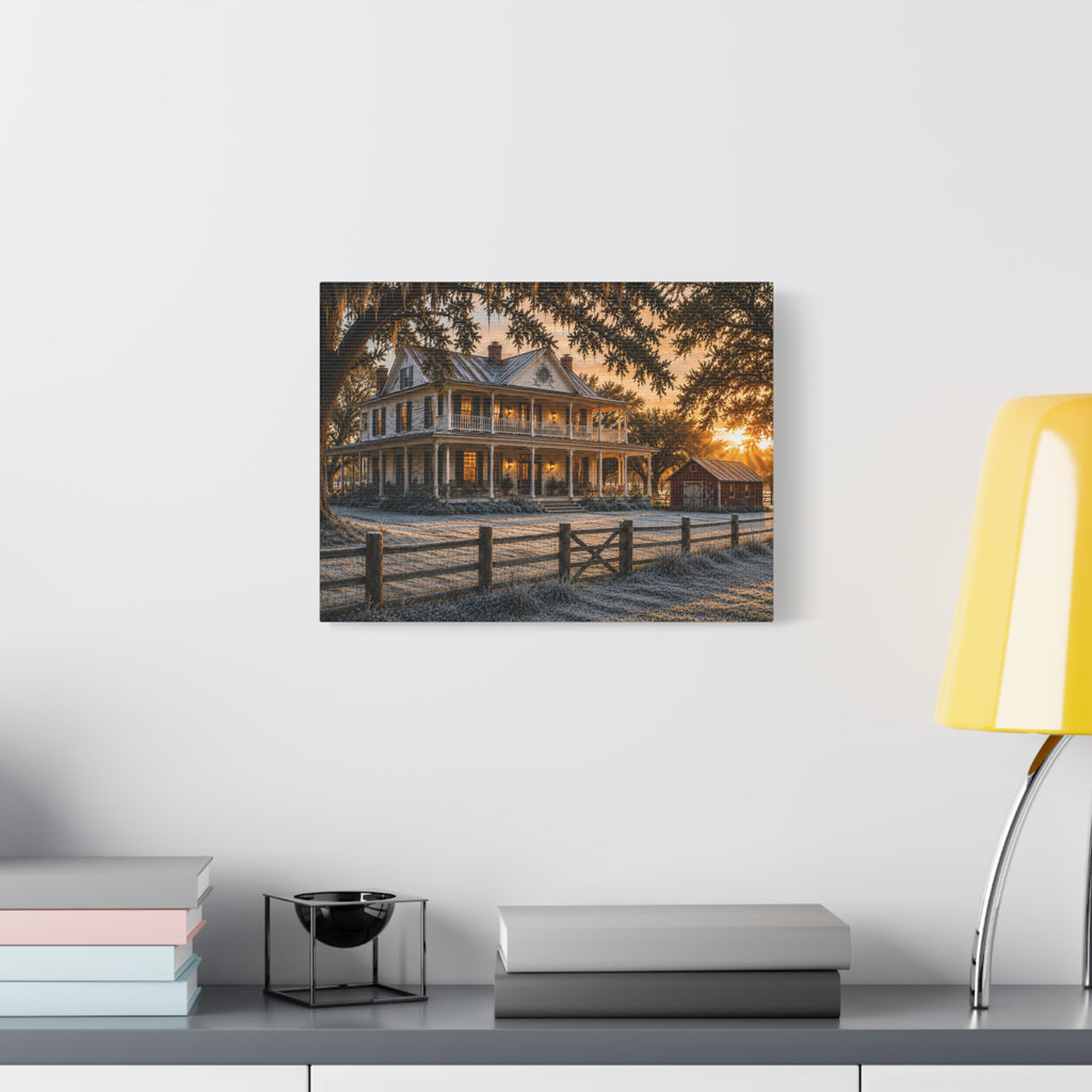 A rectangular First Frost canvas print of a frosted historic farmhouse at sunrise, displayed on a white wall above a shelf with books, a black bowl, and a yellow lamp.