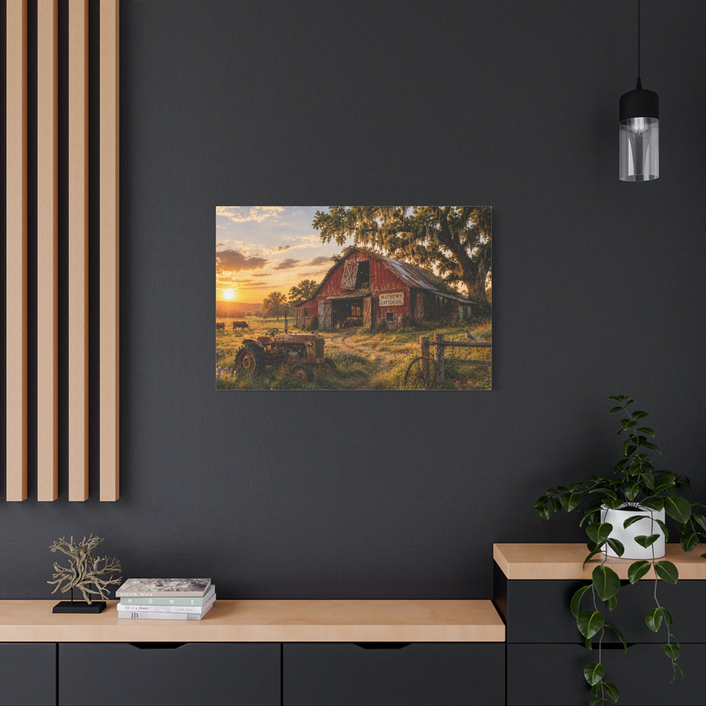 The Old Red Barn canvas print depicting a weathered red cattle barn beneath a moss-draped oak at sunset, with a vintage tractor, grazing cows, a wooden fence, and wildflowers in the foreground.