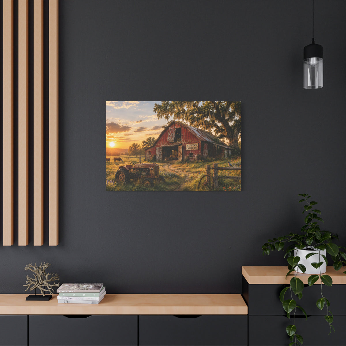 The Old Red Barn canvas print depicting a weathered red cattle barn beneath a moss-draped oak at sunset, with a vintage tractor, grazing cows, a wooden fence, and wildflowers in the foreground.