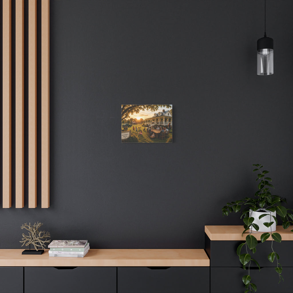 A rectangular Grandma's House canvas print showing a family gathering outside a farmhouse at sunset, displayed on a light gray wall above books and a yellow lamp.
