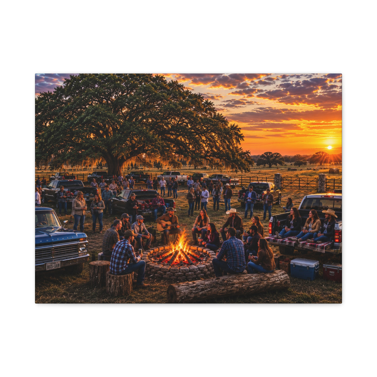 A rectangular wall art print or canvas showing a rustic outdoor campsite at sunset, with people gathered around a fire pit under a large tree, trucks, fences, and a warm orange sky. The print is photographed against a plain white background.