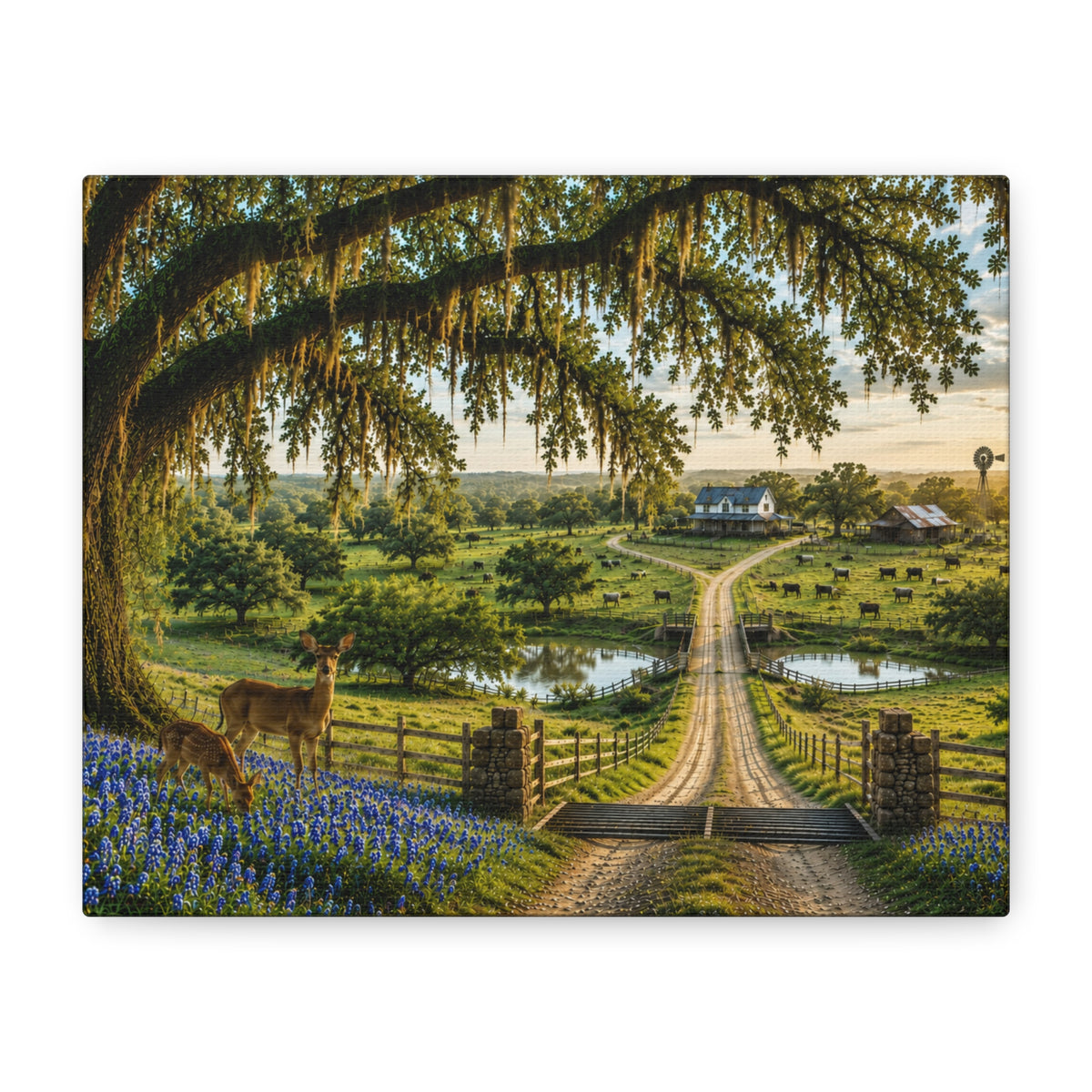 A rectangular canvas wall art print depicting a scenic rural landscape with a dirt road leading through a gate, under a large mossy oak tree, with bluebonnets in the foreground, ponds, grazing cattle, and farmhouses in the distance.
