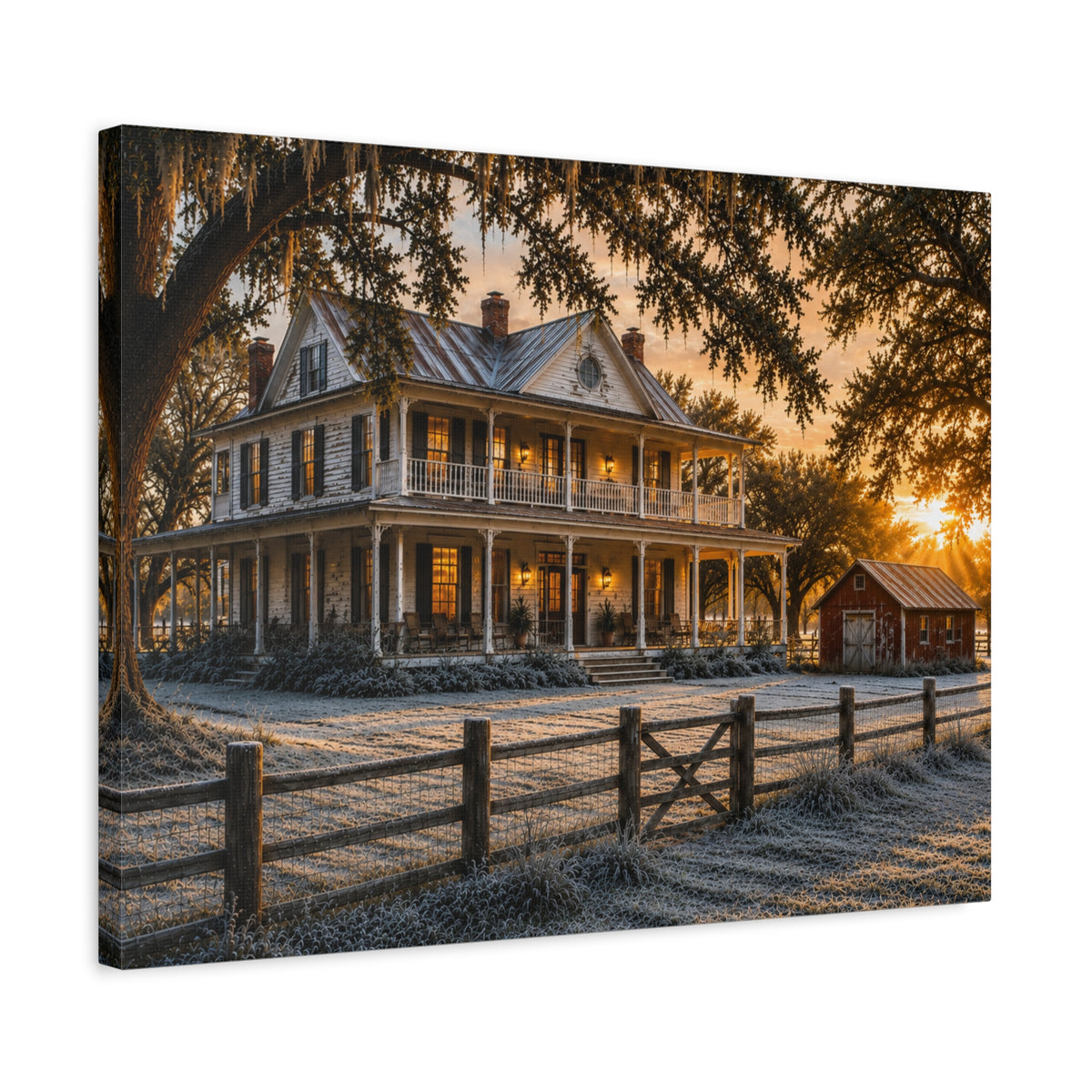 A rectangular First Frost canvas print showing a historic farmhouse at sunrise, framed by oak branches with hanging moss and a wooden fence across the frosted foreground.