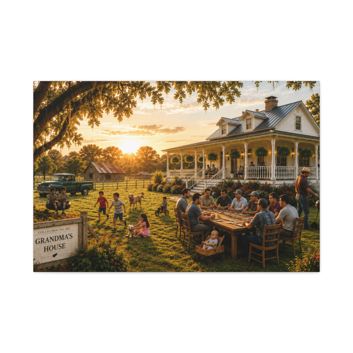 A rectangular Grandma's House wall art print showing relatives dining and children playing outside a white farmhouse beneath a large oak at sunset, centered on a light gray background.