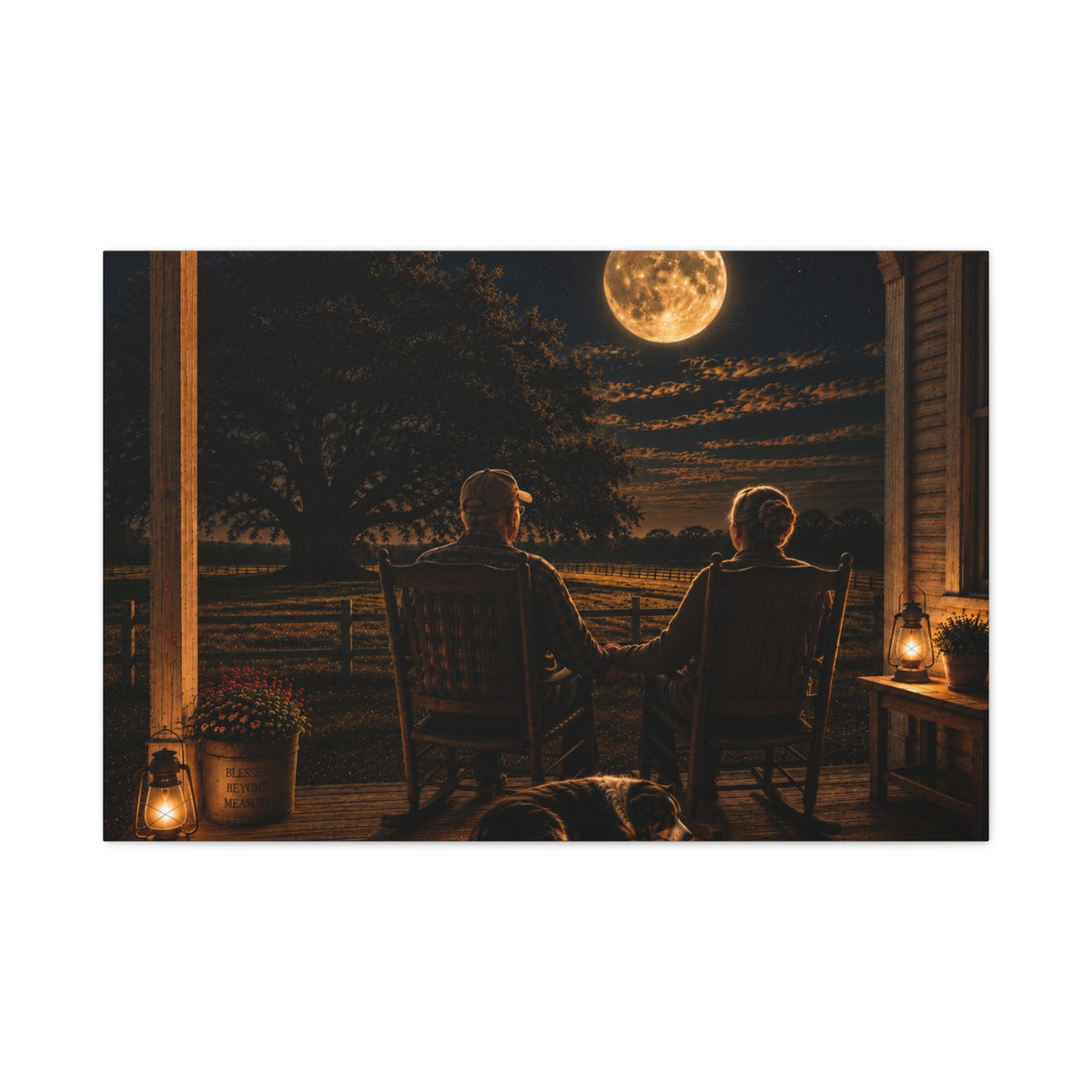 A rectangular Harvest Moon wall art print showing an older couple holding hands in rocking chairs on a farmhouse porch with a sleeping dog, glowing lanterns, and a full moon over the fields, centered on a light gray background.