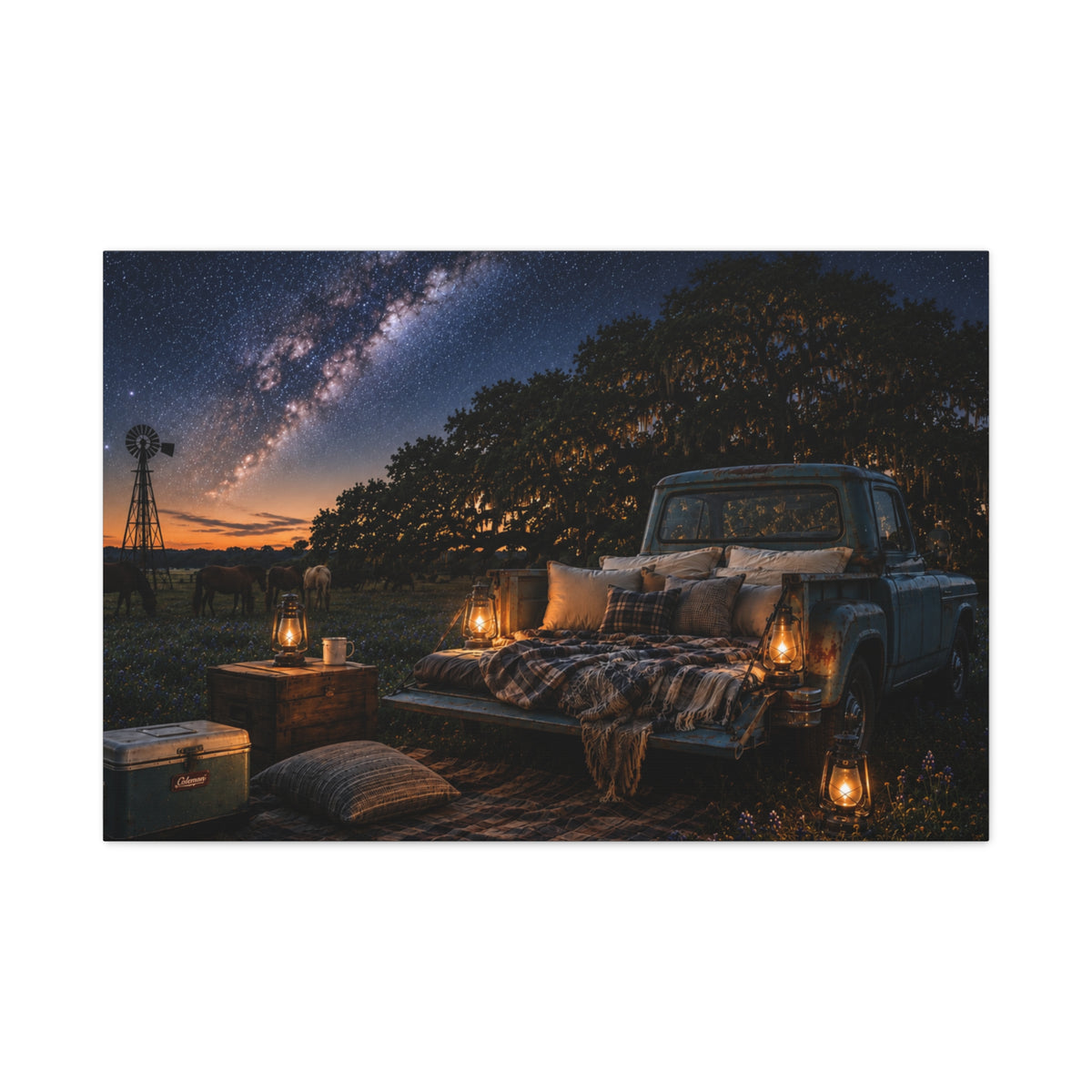 A rectangular Starry Night wall art print showing a cozy outdoor bed beside a vintage pickup in a country field, with lanterns, pillows, blankets, windmills, and the Milky Way overhead, centered on a light gray background.