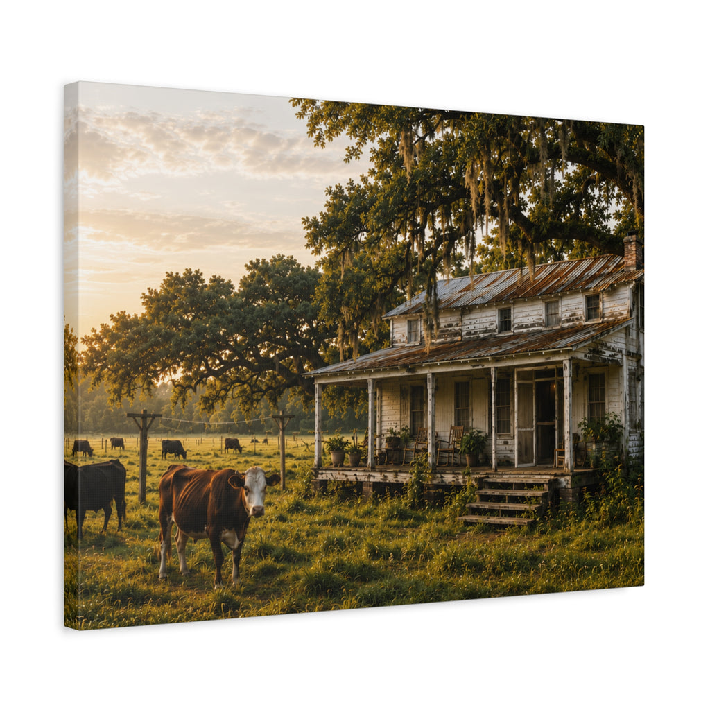 A rectangular The Good Old Homestead canvas print showing a weathered two-story farmhouse with a front porch in a grassy pasture, with a cow in the foreground, cattle, moss-draped oak trees, and warm sunset light, photographed at an angle on a white background.