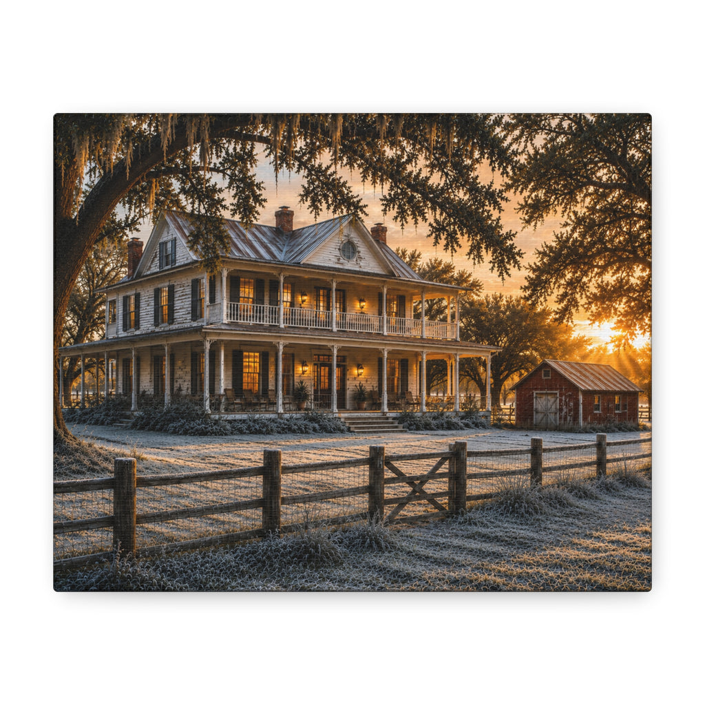 A rectangular First Frost canvas print showing a historic farmhouse with a front porch, frost-covered ground, a wooden fence, and a small red barn in warm sunrise light.