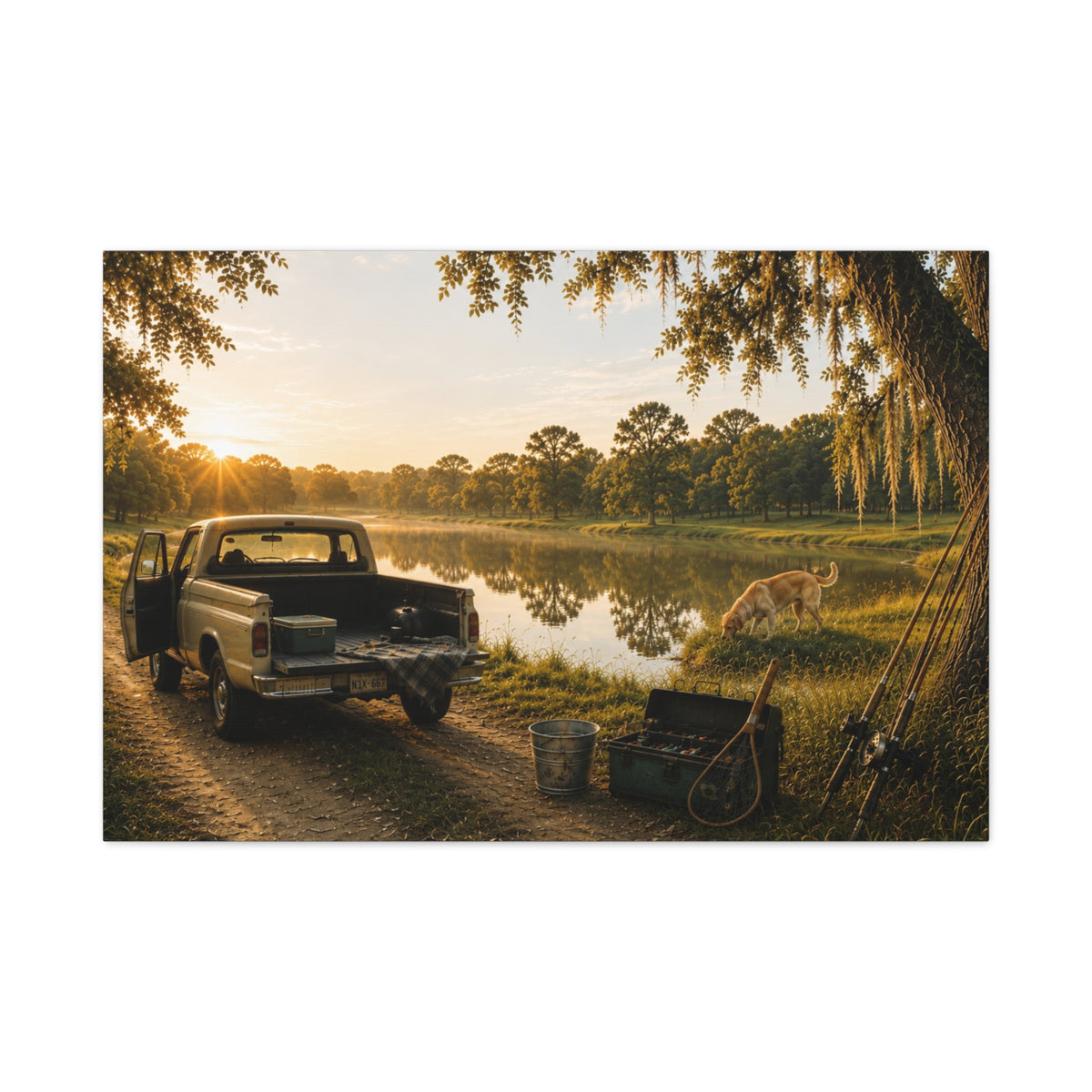 A rectangular The Old Fishing Hole wall art print showing a vintage pickup parked beside a quiet pond at sunset, with a dog, fishing rods, tackle, a cooler, and a moss-draped tree, centered on a light gray background.