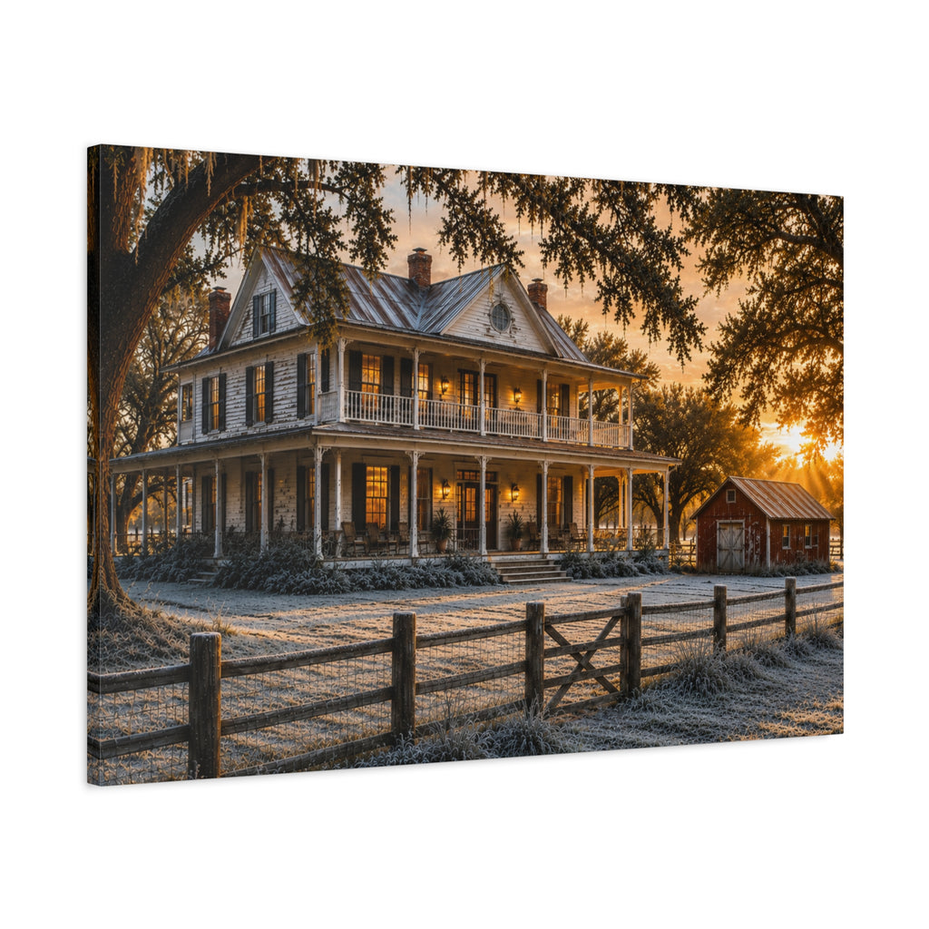 A rectangular First Frost canvas print showing a historic farmhouse, frost-covered yard, trees, wooden fence, and small red barn with warm light glowing from the windows.