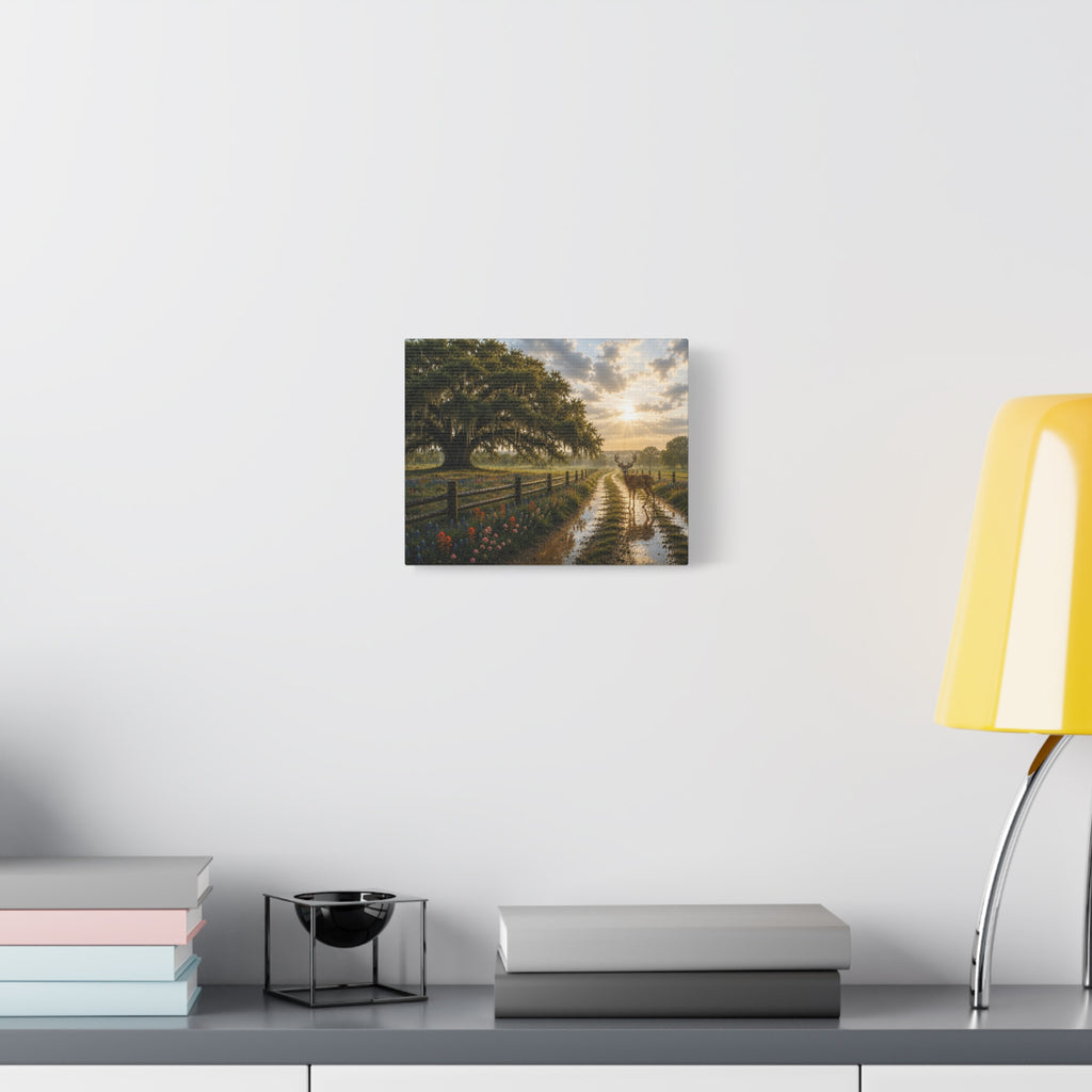 A small landscape art print depicting a sunlit country road with trees and a fence, displayed on a white wall above a shelf with books and a yellow lamp.