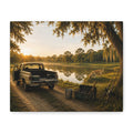 A square The Old Fishing Hole canvas print showing a vintage pickup parked beside a quiet pond at sunset, with a dog, fishing rods, tackle, a cooler, and a moss-draped tree, photographed at an angle on a white background.