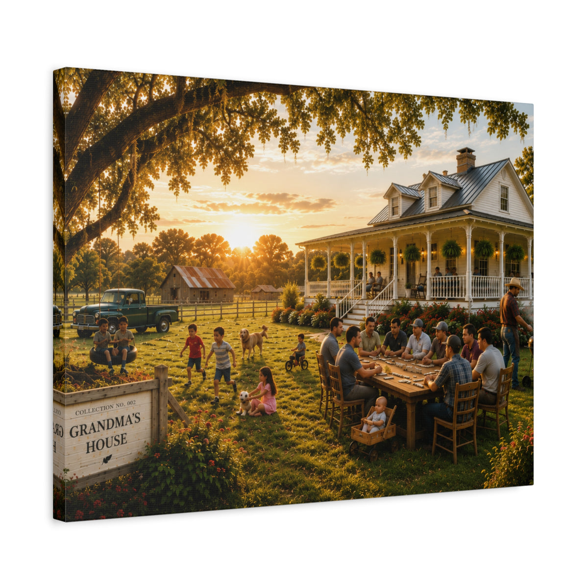 A Grandma's House canvas print showing family gathered outside a white farmhouse beneath a large oak at sunset, displayed on a dark wall with wooden shelves and decor.