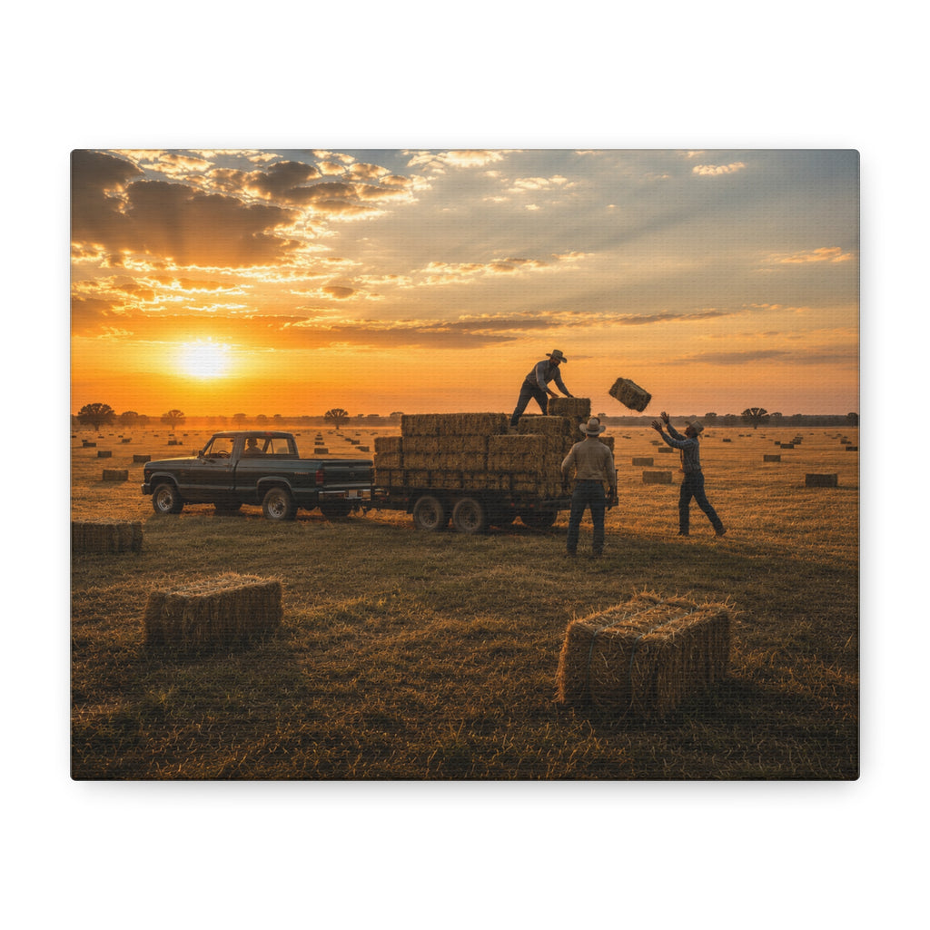 A rectangular Hay Season canvas print showing farmworkers loading rectangular hay bales onto a flatbed trailer beside a pickup truck in a golden field at sunset, photographed at an angle on a white background.