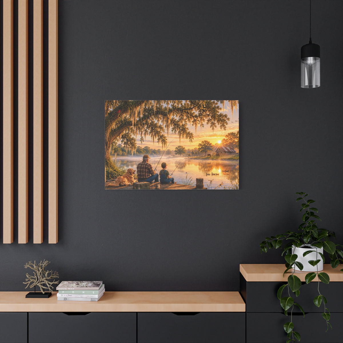 Grandpa and Me canvas print depicting a grandfather and child fishing from a wooden dock with a golden retriever beneath a moss-draped oak at sunset, with ducks on the pond and a barn in the distance.