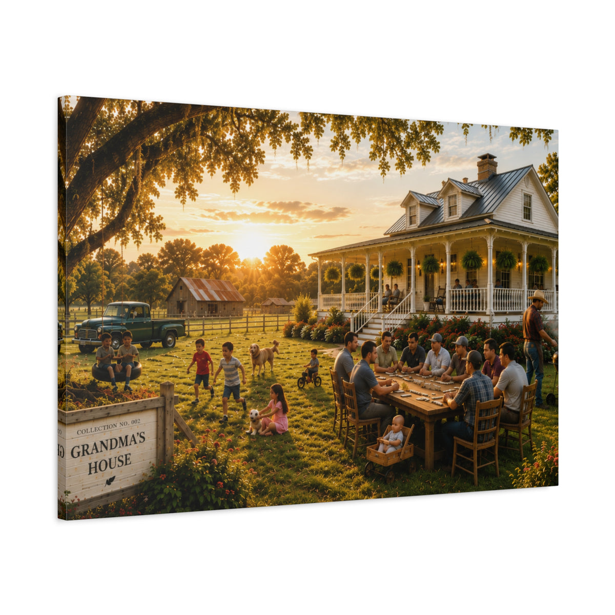 A square Grandma's House canvas print showing relatives dining and children playing outside a white farmhouse at sunset, displayed on a dark charcoal wall above a light wood console with books and a plant.