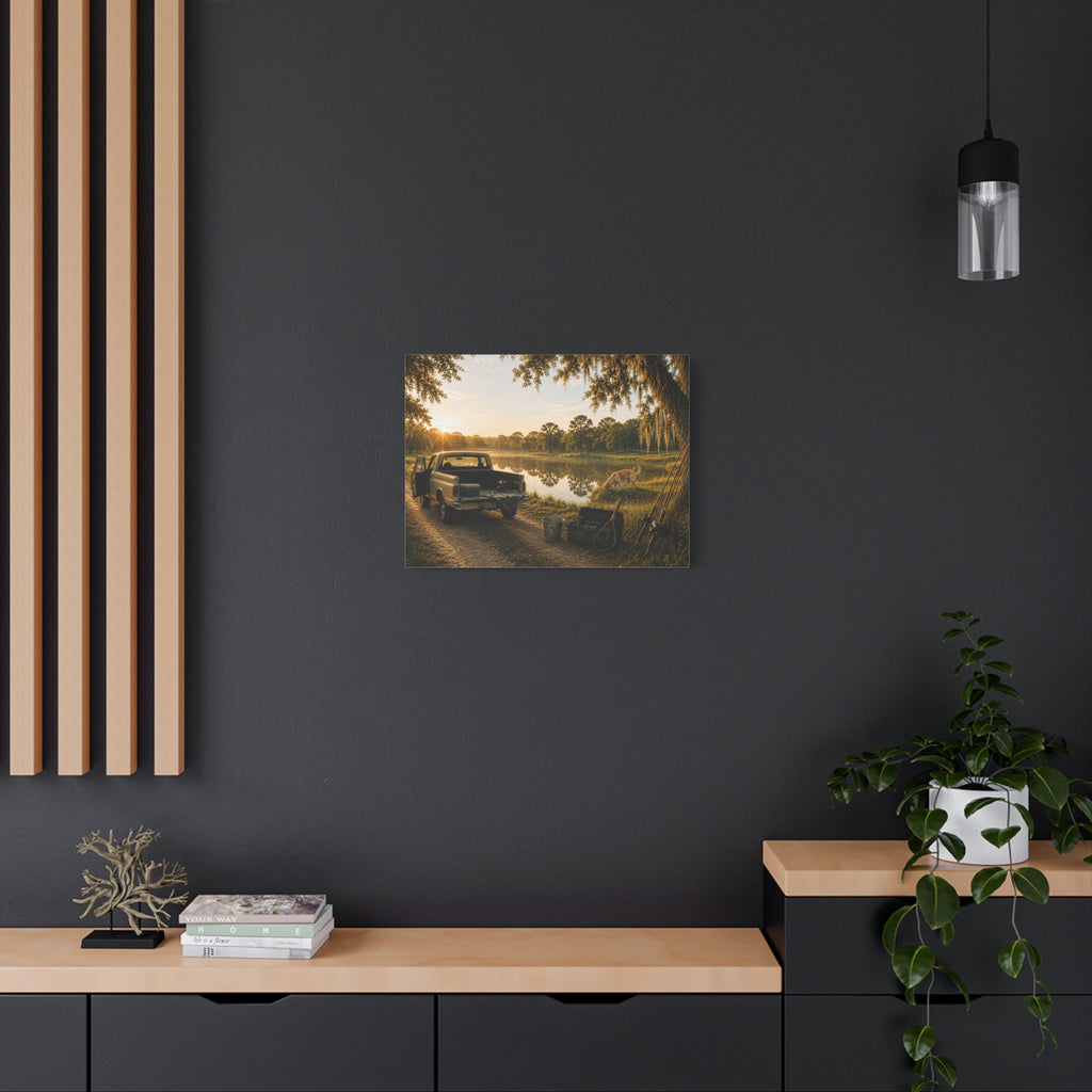 A square The Old Fishing Hole canvas print showing a vintage pickup parked beside a quiet pond at sunset, with a dog, fishing rods, tackle, a cooler, and a moss-draped tree, displayed on a dark charcoal wall above a light wood console with books and a plant.