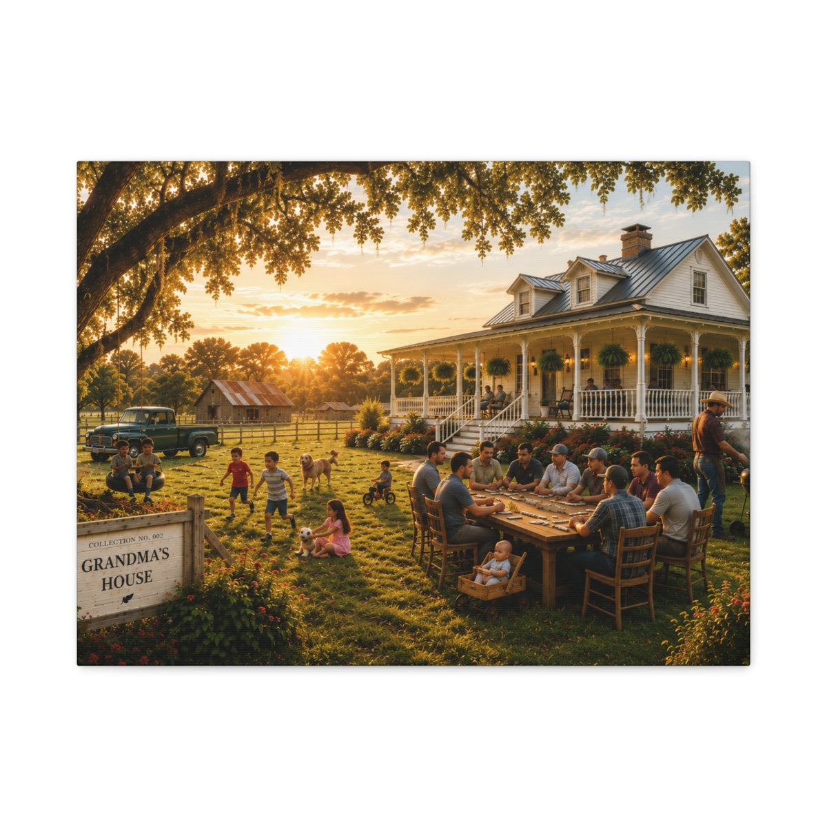 A rectangular Grandma's House canvas print showing a family gathering outside a white farmhouse at sunset, with children playing beneath a large oak, photographed on a white background.